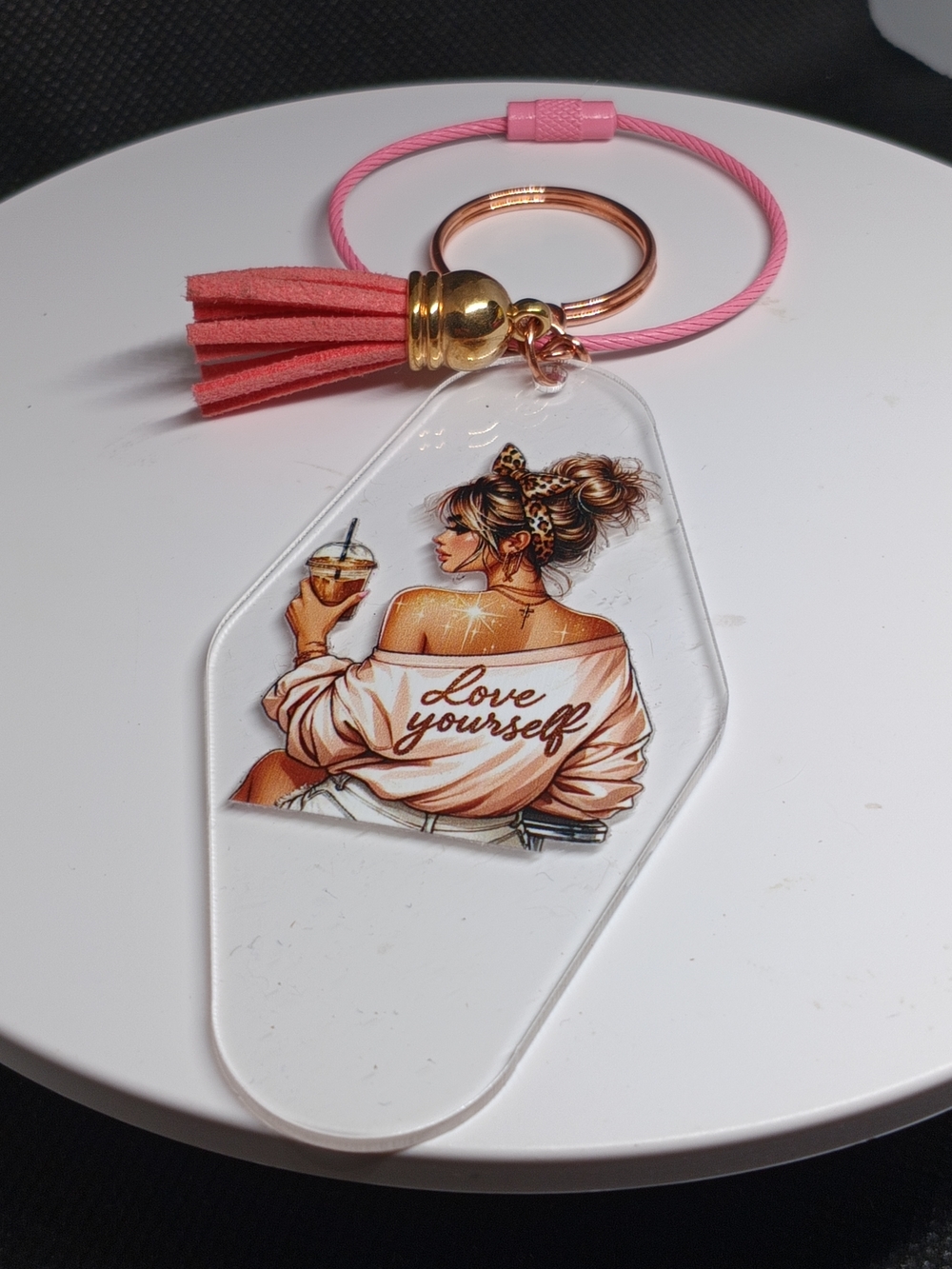 Love Yourself Pink Tassel Keyring Card Holder